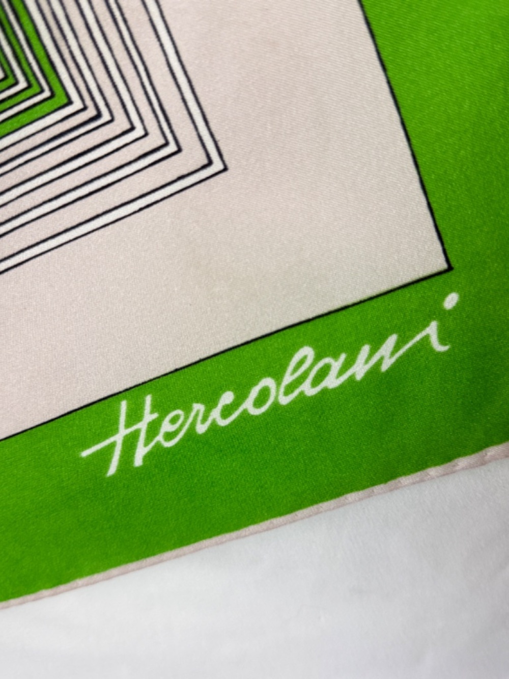 Vintage 1970s Hercolani Scarf Italy Poly Apple Green and Black Squares MCM - Picture 7 of 9
